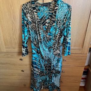 Brand New Nicole Max Faux Wrap Turquoise / Brown Snake Print Stretchy Dress